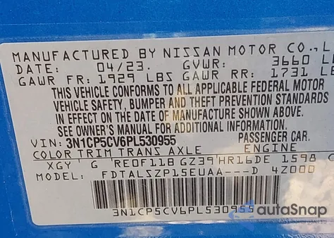 2023 Nissan Kicks Sv Xtronic Cvt z USA, uszkodzony, nr VIN 3N1CP5CV6PL530955